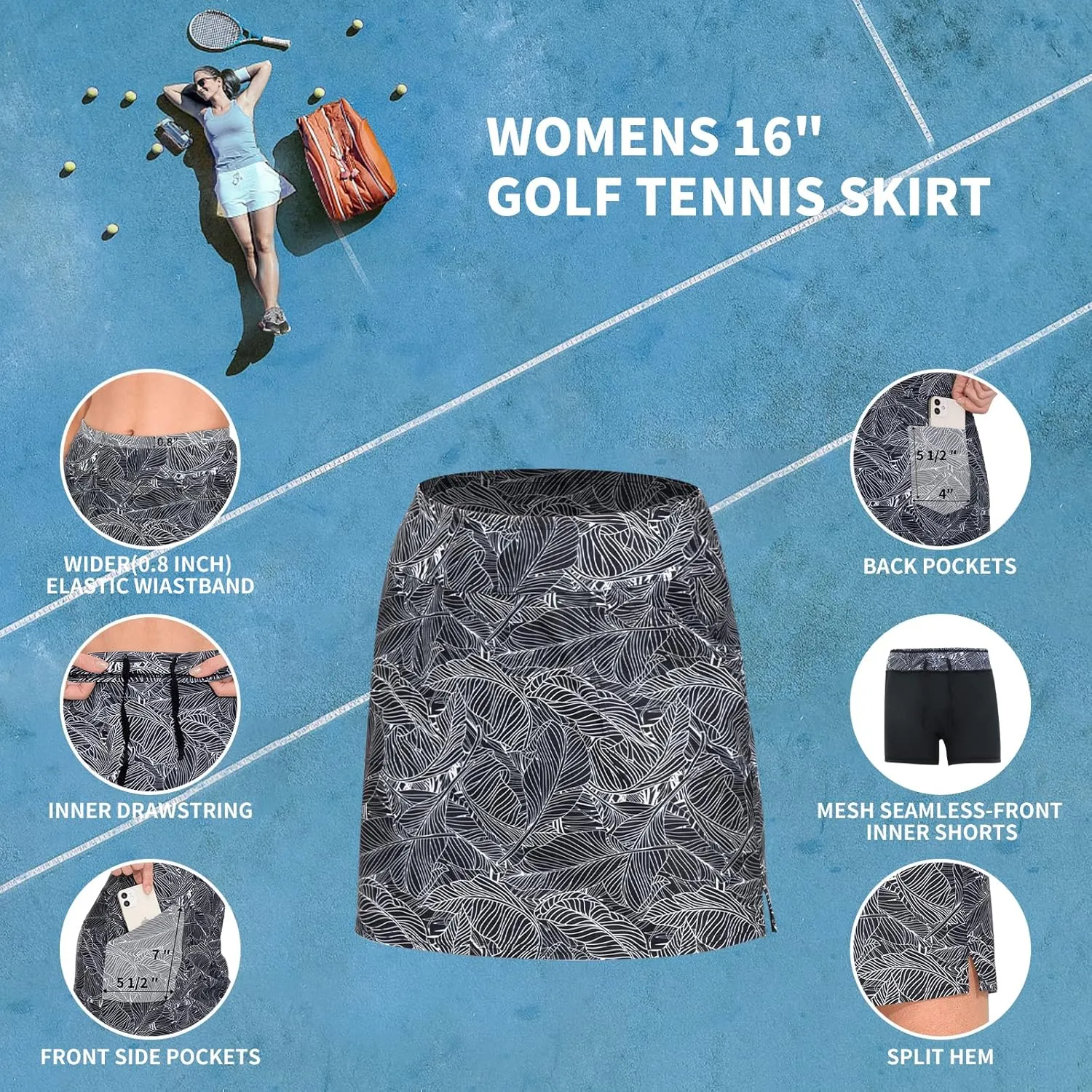 M MOTEEPI 16" Golf Skirt for Women Tennis Skirt with 4 Pockets High Waisted Athletic Skorts Skirts