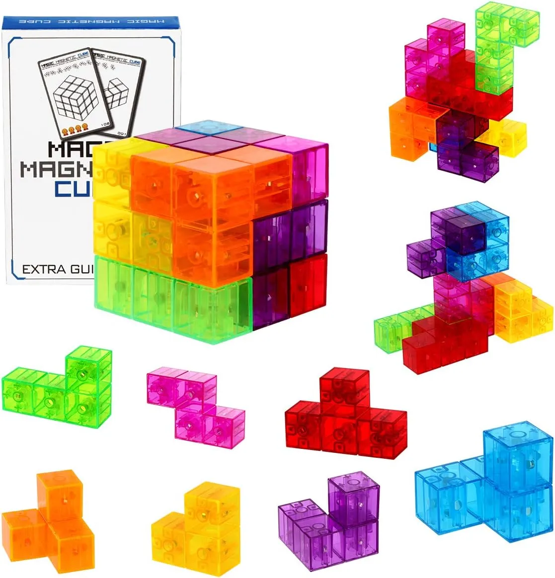 Magnetic Building Blocks Magic Magnetic 3D Puzzle Cubes, Set of 7 Multi Shapes Magnetic Blocks with 54 Guide Cards, Intelligence Developing and Stress Relief Fidget Toys
