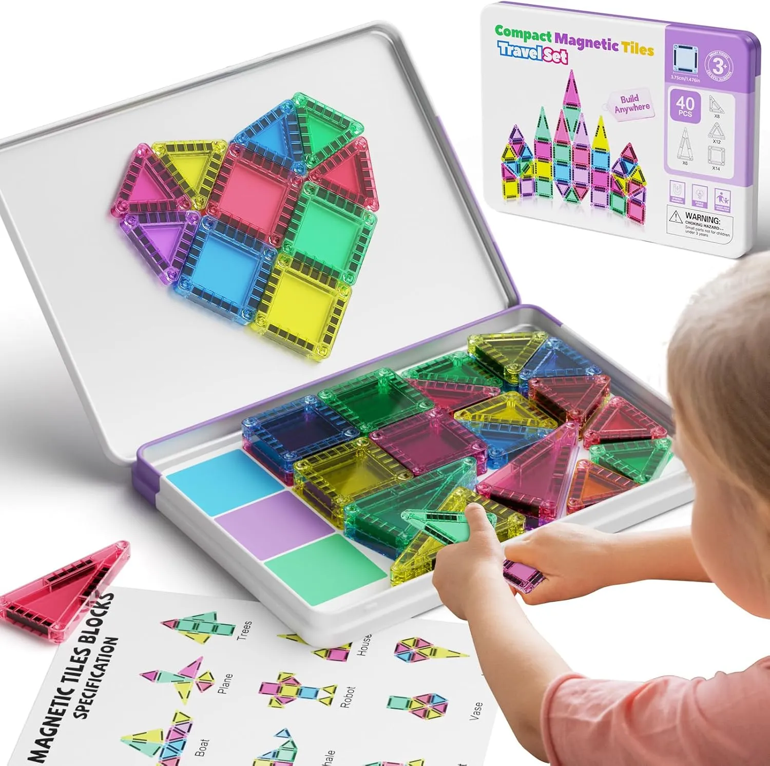 Magnetic Tiles for kids ages 4-8, 40 Pieces Mini Magnetic Building Blocks,Magnet Tiles Travel Construction Set with Storage Iron Box,Toddler Puzzle Birthday Gift Toys for Boys and Girls Ages 3