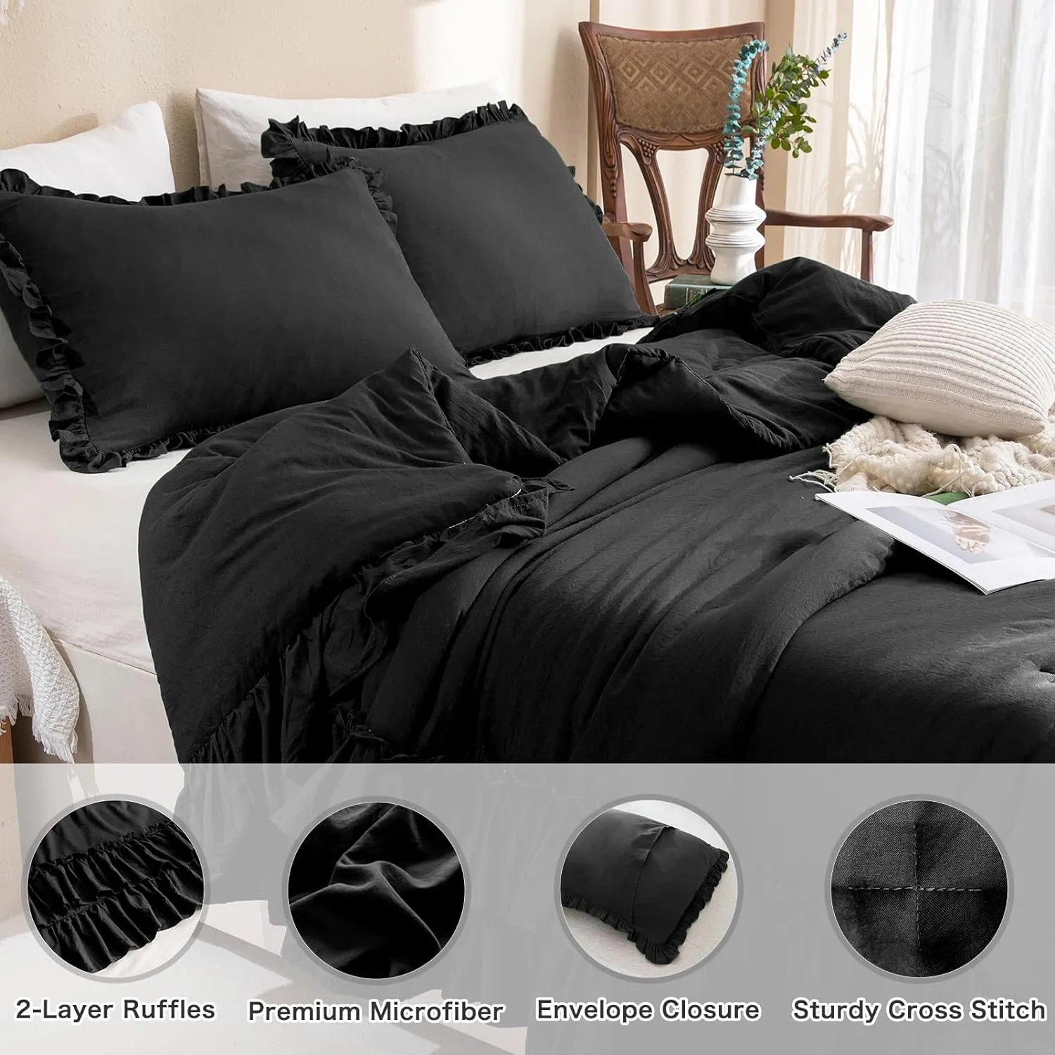 Masaca Black Ruffled Comforter Set Queen,Farmhouse Shabby Boho Chic Bedding,Ultra Soft Fluffy Ruffle Bed Comforter Set 3-Piece (1 Ruffle Comforter 2 Pillow Shams)