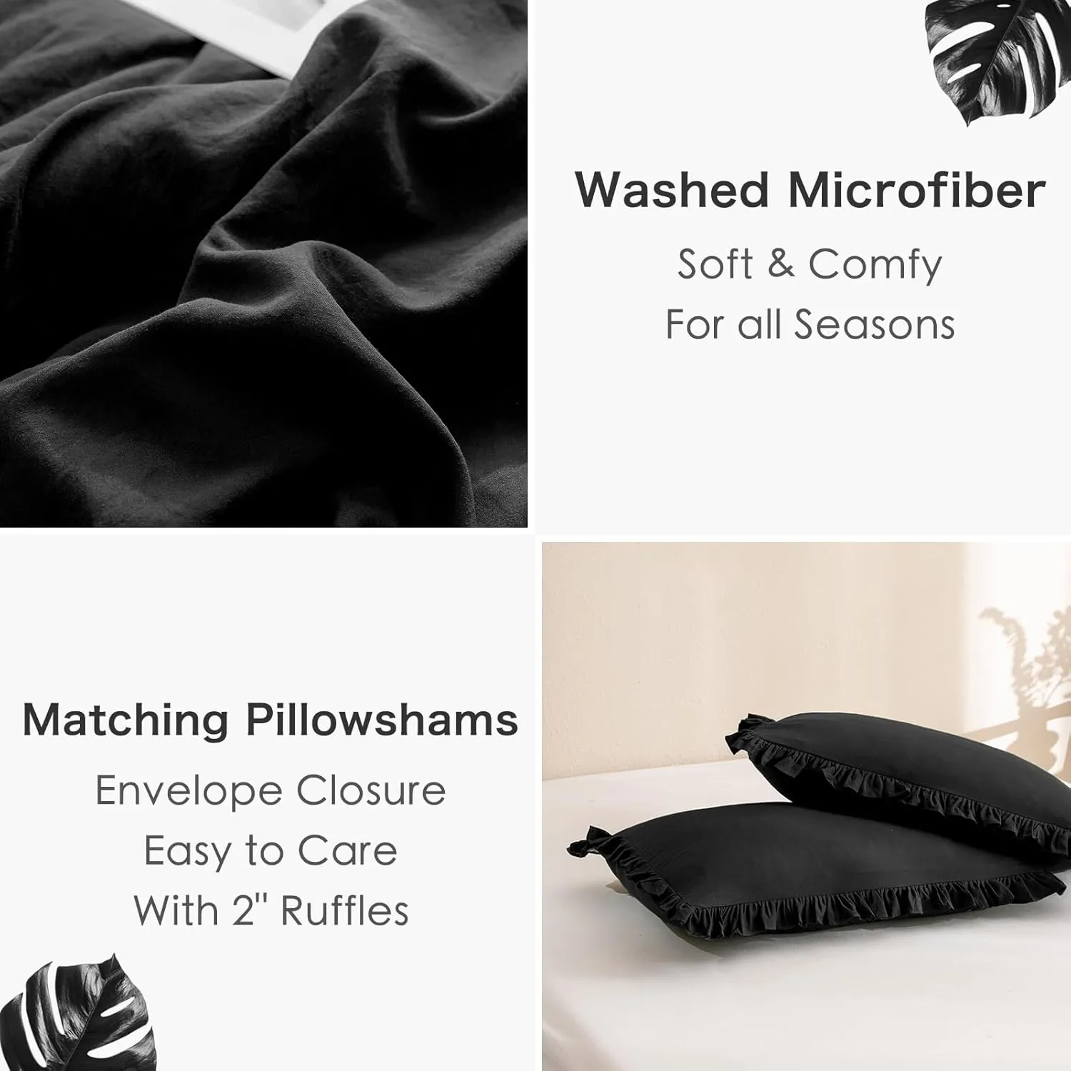Masaca Black Ruffled Comforter Set Queen,Farmhouse Shabby Boho Chic Bedding,Ultra Soft Fluffy Ruffle Bed Comforter Set 3-Piece (1 Ruffle Comforter 2 Pillow Shams)