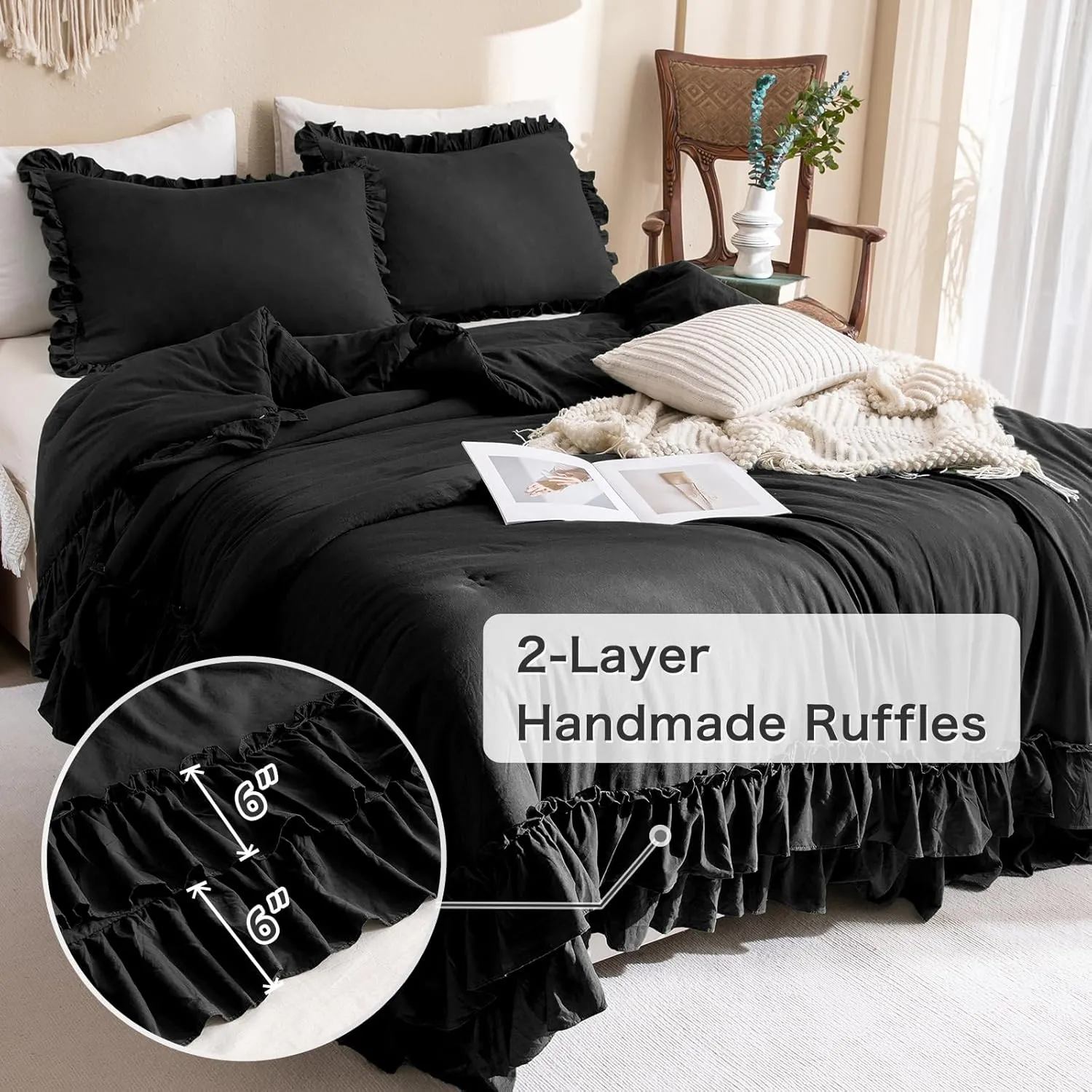 Masaca Black Ruffled Comforter Set Queen,Farmhouse Shabby Boho Chic Bedding,Ultra Soft Fluffy Ruffle Bed Comforter Set 3-Piece (1 Ruffle Comforter 2 Pillow Shams)