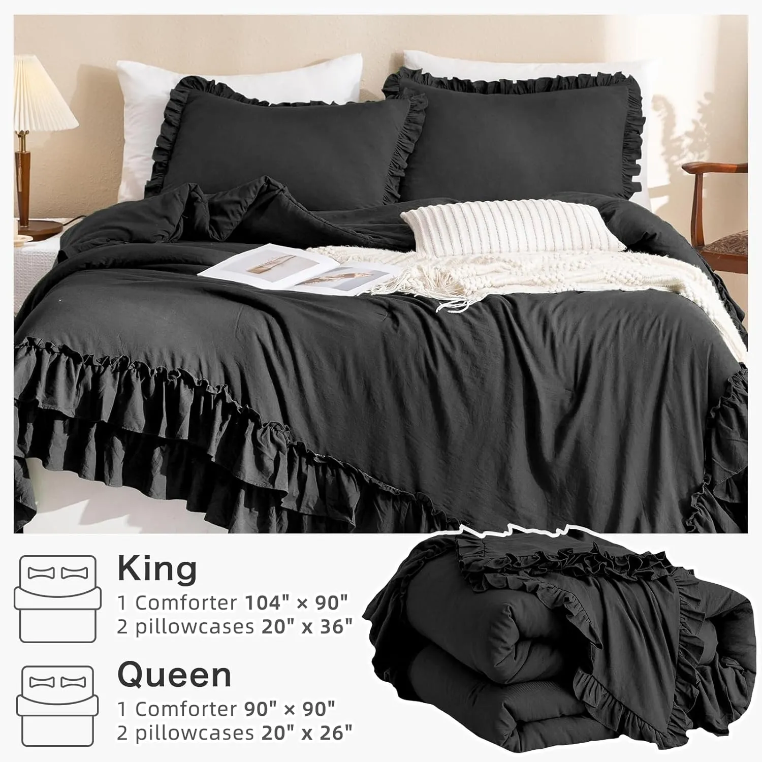 Masaca Black Ruffled Comforter Set Queen,Farmhouse Shabby Boho Chic Bedding,Ultra Soft Fluffy Ruffle Bed Comforter Set 3-Piece (1 Ruffle Comforter 2 Pillow Shams)