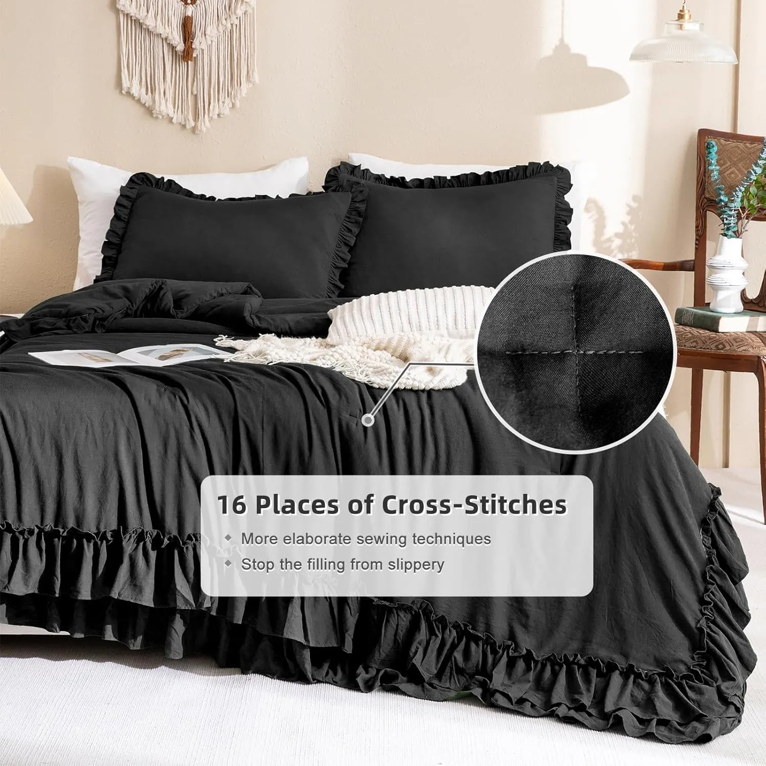 Masaca Black Ruffled Comforter Set Queen,Farmhouse Shabby Boho Chic Bedding,Ultra Soft Fluffy Ruffle Bed Comforter Set 3-Piece (1 Ruffle Comforter 2 Pillow Shams)