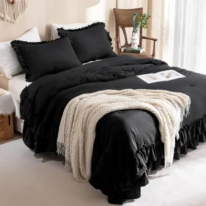 Masaca Black Ruffled Comforter Set Queen,Farmhouse Shabby Boho Chic Bedding,Ultra Soft Fluffy Ruffle Bed Comforter Set 3-Piece (1 Ruffle Comforter 2 Pillow Shams)