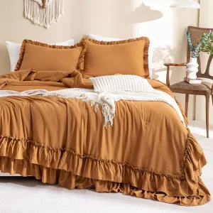 Masaca Pumpkin Color Ruffle Comforter Queen Size,Farmhouse Shabby Boho Chic Queen Bedding Comforter Set,3pcs Ultra Soft Fluffy Brown Orange Comforter Sets for Queen Bed with 2 Ruffled Pillowcases
