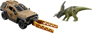 Mattel Jurassic World Truck & Einiosaurus Dinosaur Action Figure Toy Set with Flip & Roll Feature, Mission Mayhem Vehicle