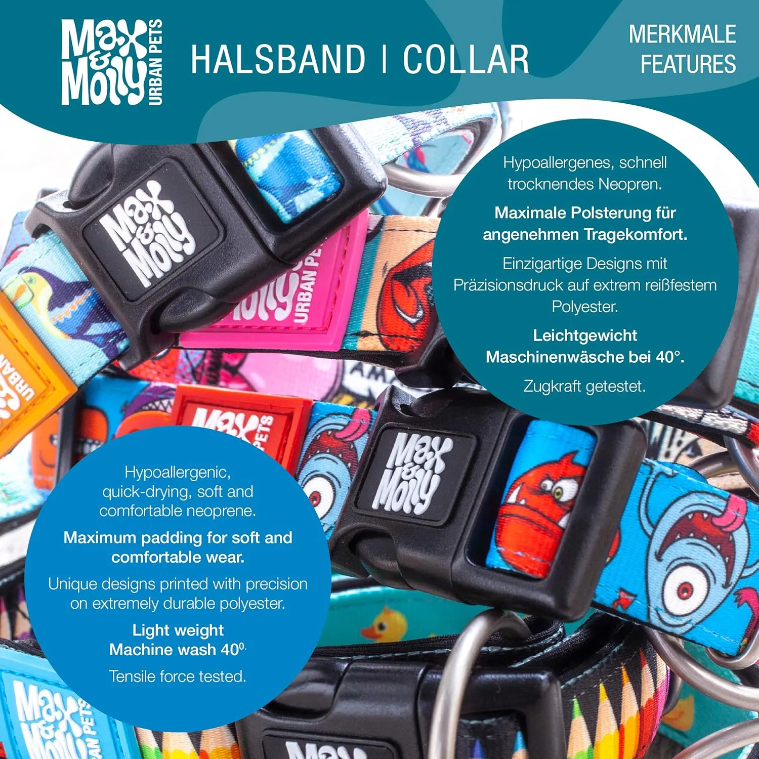 Max & Molly Ultra Comfortable Padded Neoprene Sport Dog Collar with Smart Id Tag, Classic Shopping Time L (SHOPCOLL)