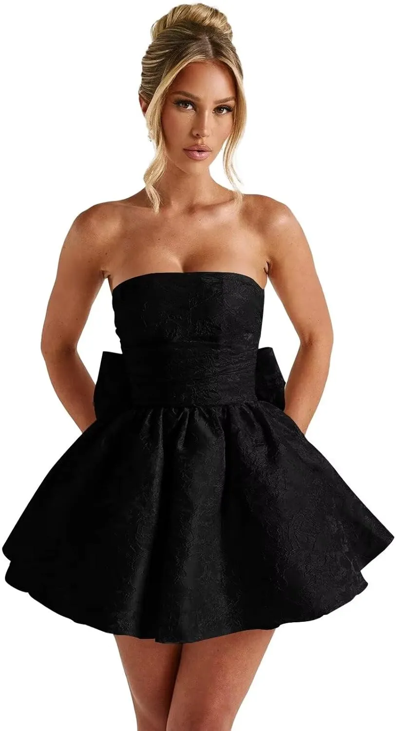 Maxianever 2025 Strapless Homecoming Dresses for Teens Short Satin Jacquard Mini A-Line Prom Cocktail Gowns