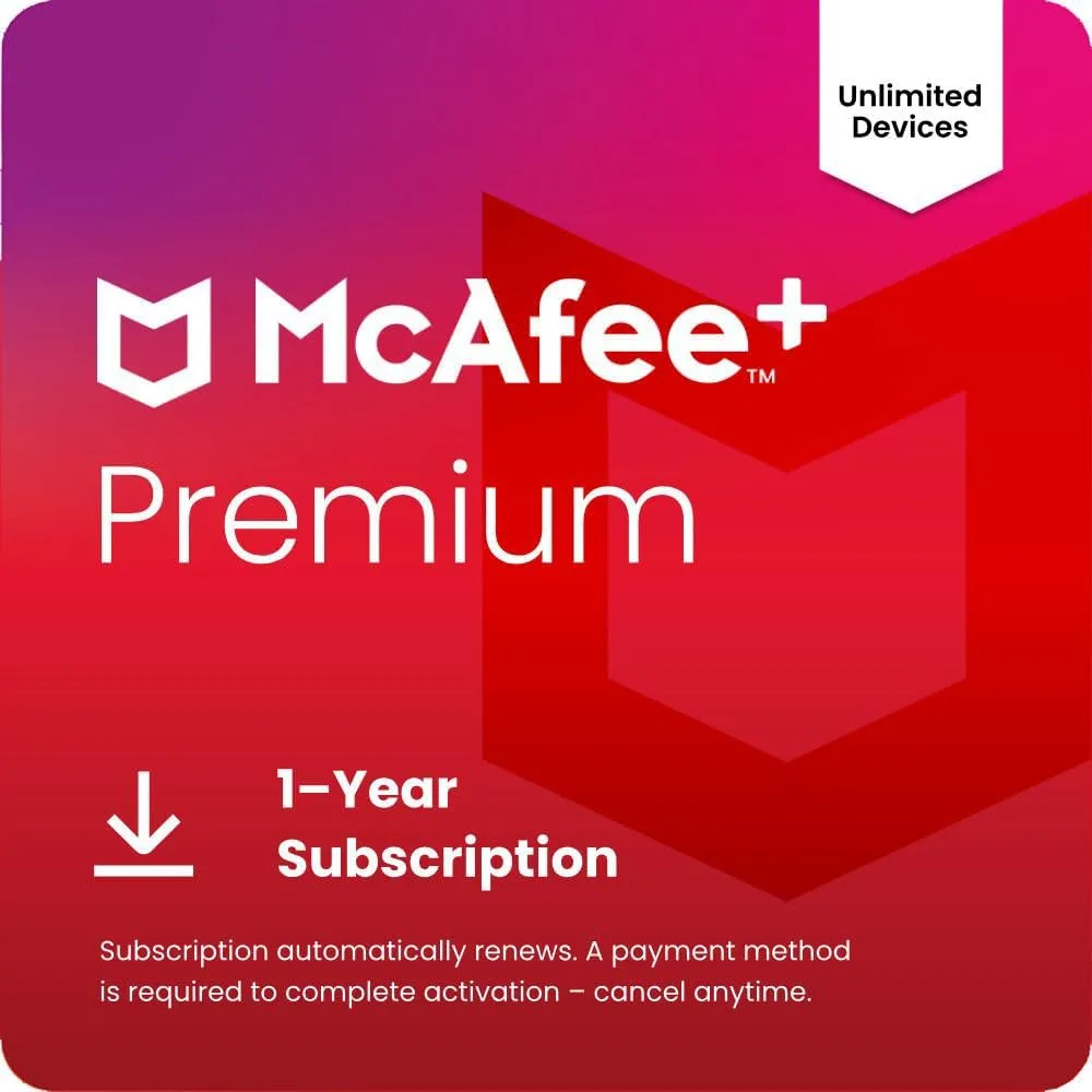 McAfee  Premium Individual Unlimited Devices 2025 1-Year Subscription with Auto-Renewal | Cybersecurity Software Includes Antivirus, Secure VPN, Scam Protection, Identity Monitoring | Download