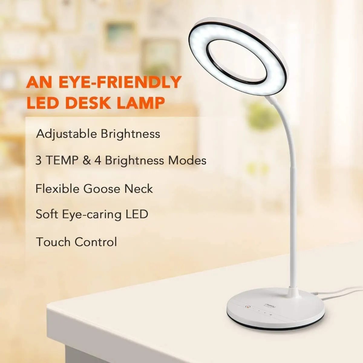 Miady Product Image LED Desk Lamp Eye-Caring Table Light, 3 Color Modes with 4 Levels of Brightness, Dimmable with Adapter, Touch Control Sensitive, 360° Flexible