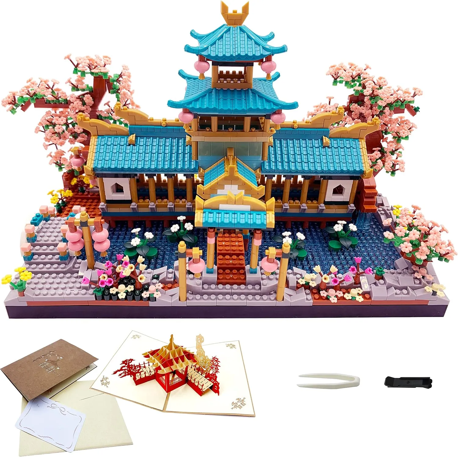 Micro Building Blocks Set，Chinese Suzhou Garden Architecture and Cherry Blossom Bonsai Tree Building Toys for Adults，Japanese Sakura House Model，Creative Mini Bricks Gift for Kids 14 ，2350 pcs