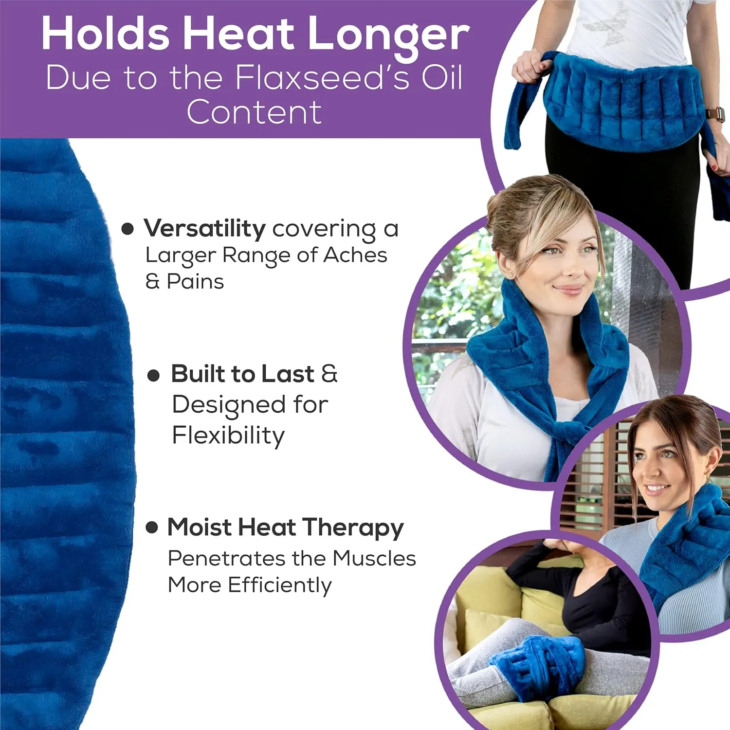 Microwave Heating Pad for Lower Back Pain Relief 20" x 8" with 71" Ties - Cordless Microwavable Moist Heat Therapy Pads - Calming Heat Wrap for Neck & Shoulder - Flaxseed Rice Hot Heat Pack (Med Blue)