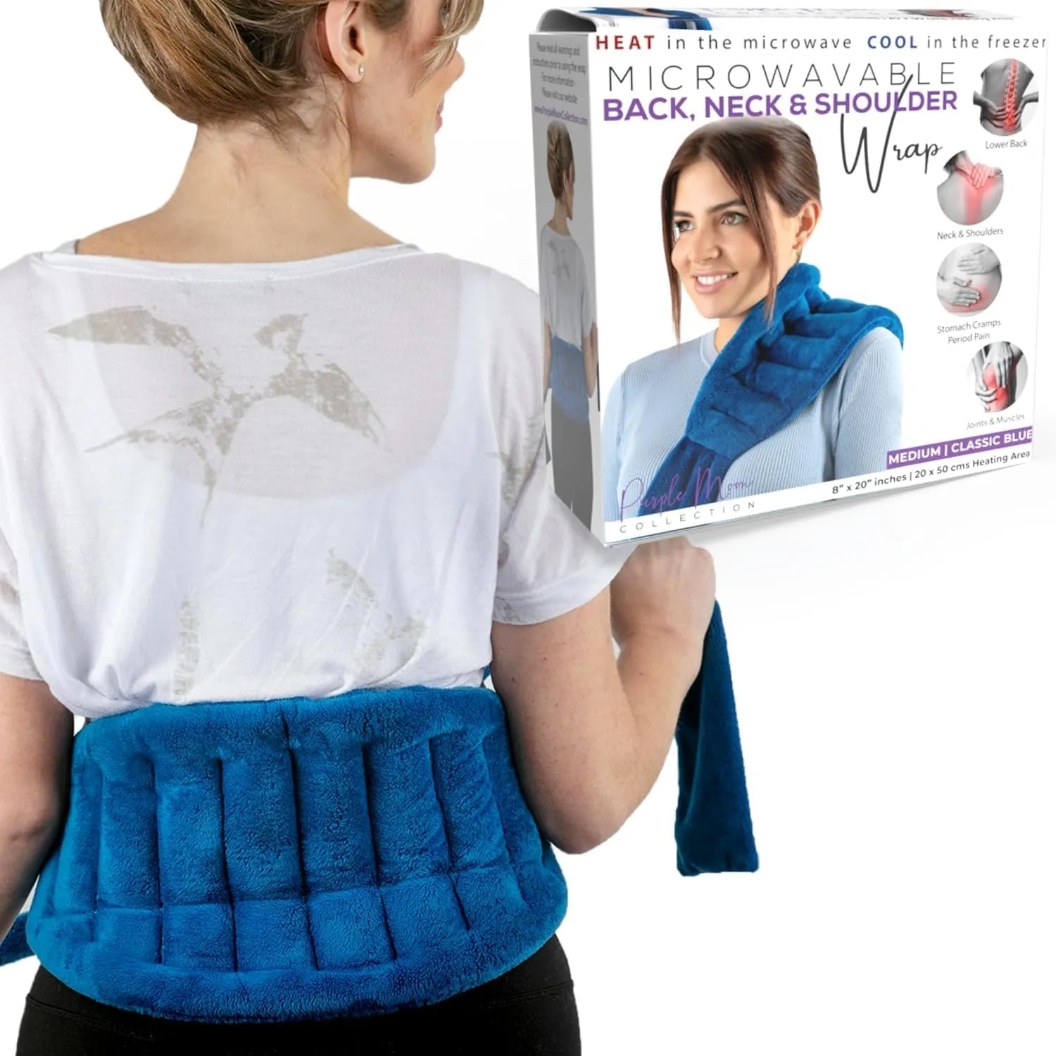 Microwave Heating Pad for Lower Back Pain Relief 20" x 8" with 71" Ties - Cordless Microwavable Moist Heat Therapy Pads - Calming Heat Wrap for Neck & Shoulder - Flaxseed Rice Hot Heat Pack (Med Blue)