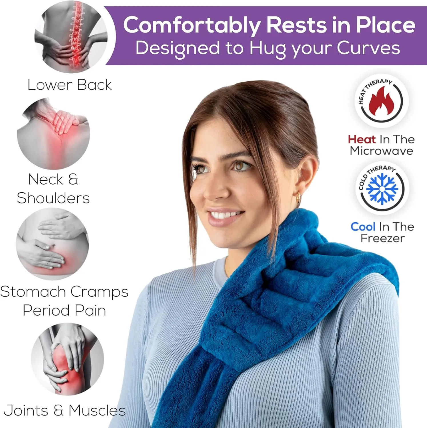 Microwave Heating Pad for Lower Back Pain Relief 20" x 8" with 71" Ties - Cordless Microwavable Moist Heat Therapy Pads - Calming Heat Wrap for Neck & Shoulder - Flaxseed Rice Hot Heat Pack (Med Blue)