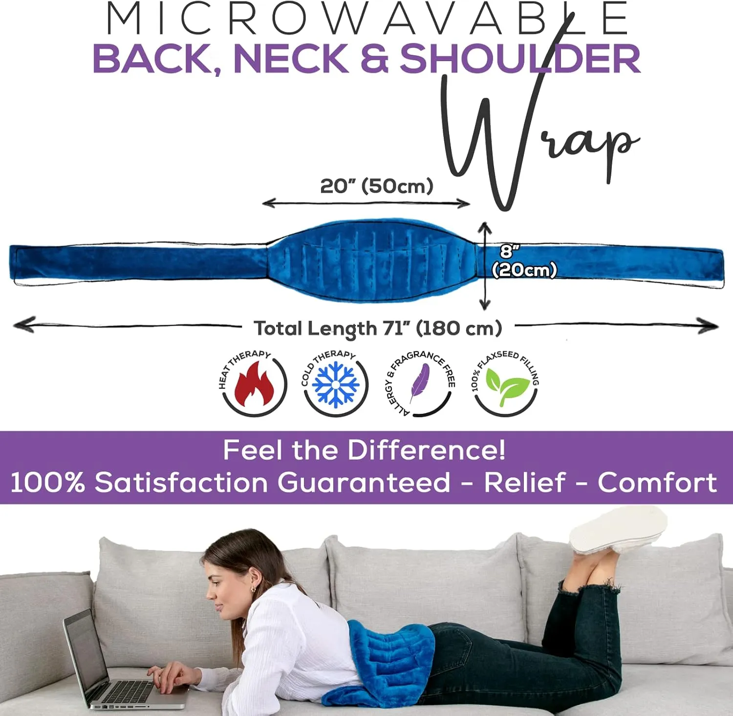 Microwave Heating Pad for Lower Back Pain Relief 20" x 8" with 71" Ties - Cordless Microwavable Moist Heat Therapy Pads - Calming Heat Wrap for Neck & Shoulder - Flaxseed Rice Hot Heat Pack (Med Blue)