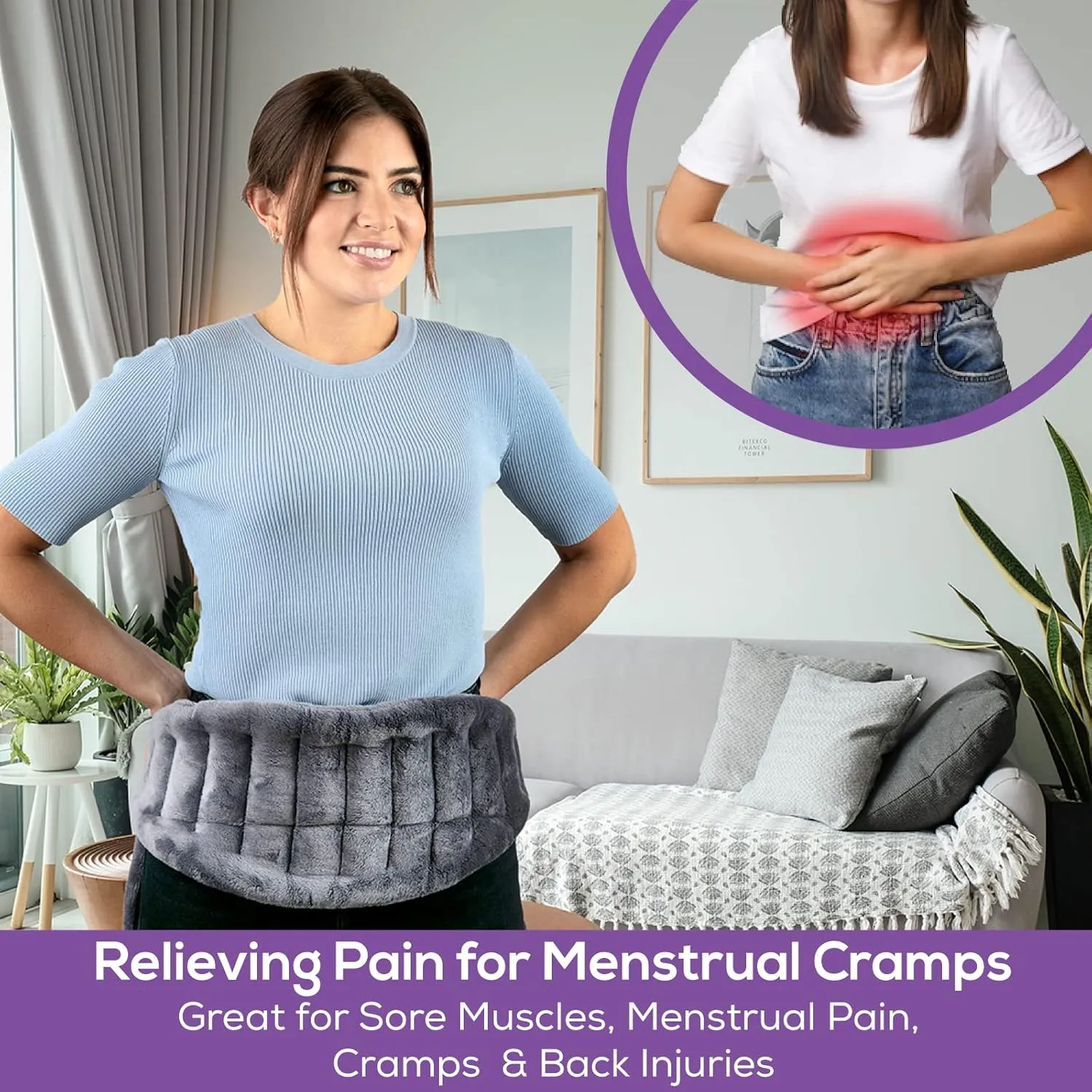 Microwave Heating Pad for Lower Back Pain Relief 20" x 8" with 71" Ties - Cordless Microwavable Moist Heat Therapy Pads - Calming Heat Wrap for Neck & Shoulder - Flaxseed Rice Hot Heat Pack (Med Gray)