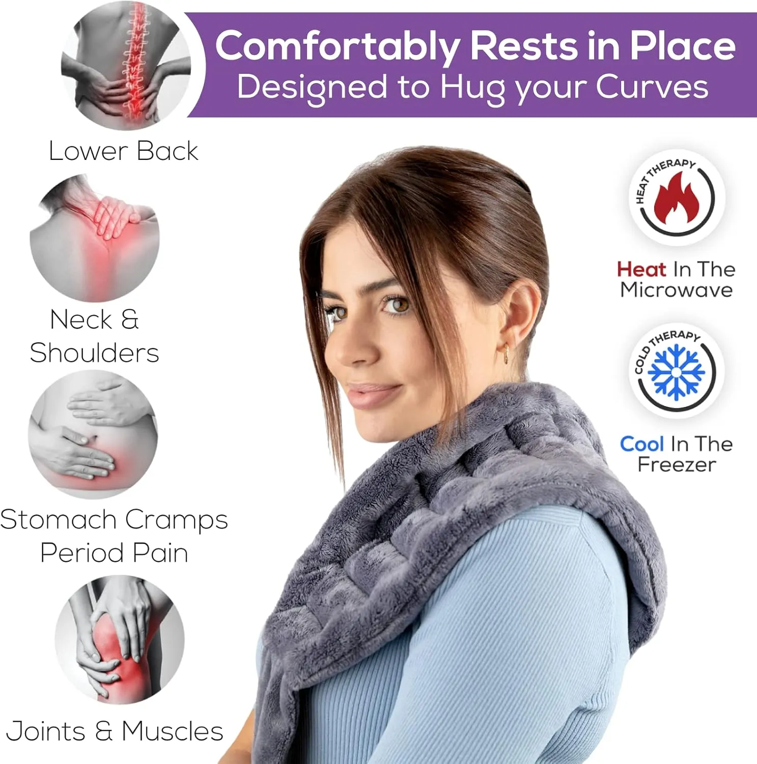 Microwave Heating Pad for Lower Back Pain Relief 20" x 8" with 71" Ties - Cordless Microwavable Moist Heat Therapy Pads - Calming Heat Wrap for Neck & Shoulder - Flaxseed Rice Hot Heat Pack (Med Gray)