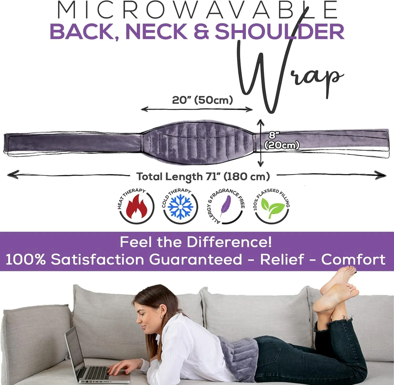 Microwave Heating Pad for Lower Back Pain Relief 20" x 8" with 71" Ties - Cordless Microwavable Moist Heat Therapy Pads - Calming Heat Wrap for Neck & Shoulder - Flaxseed Rice Hot Heat Pack (Med Gray)