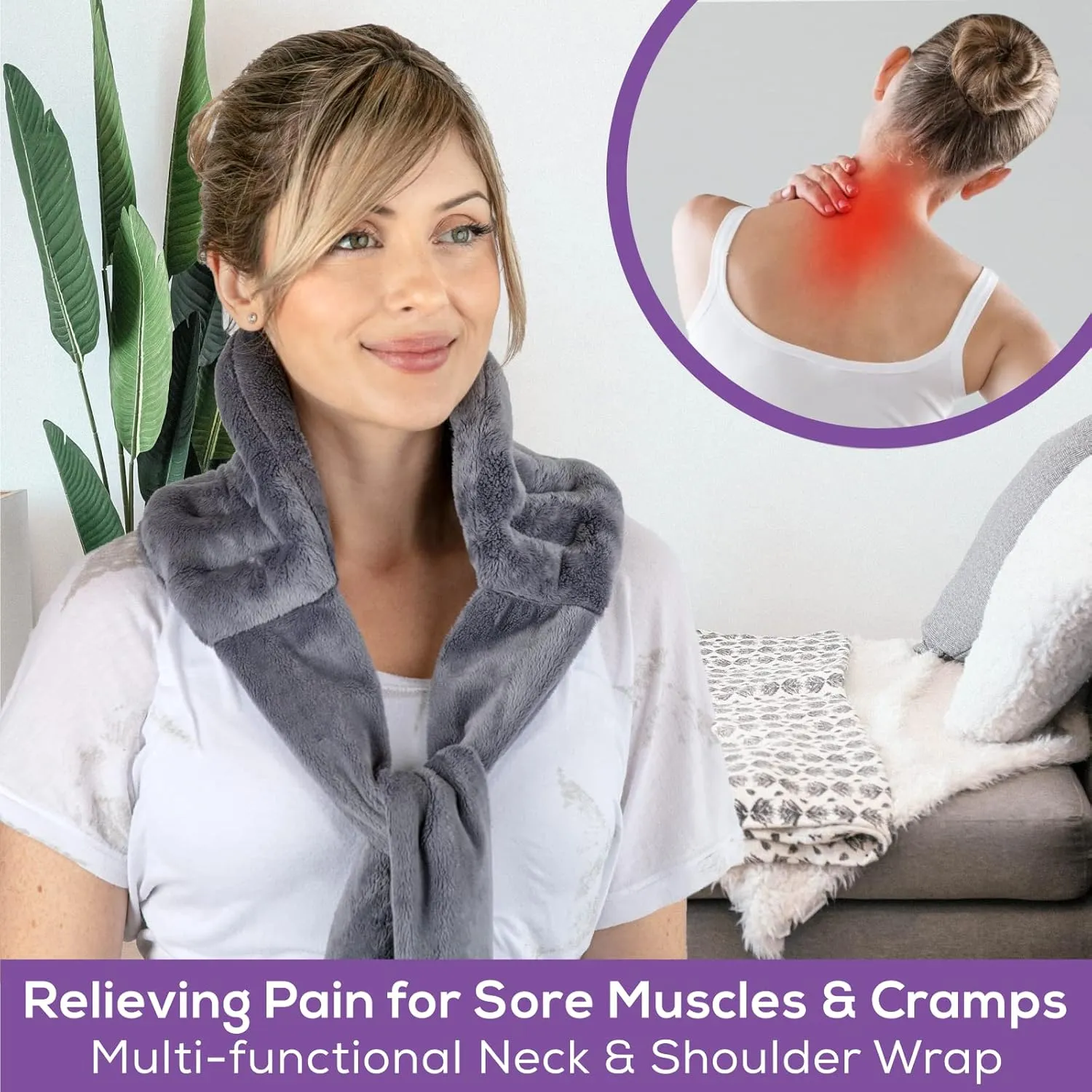 Microwave Heating Pad for Lower Back Pain Relief 20" x 8" with 71" Ties - Cordless Microwavable Moist Heat Therapy Pads - Calming Heat Wrap for Neck & Shoulder - Flaxseed Rice Hot Heat Pack (Med Gray)