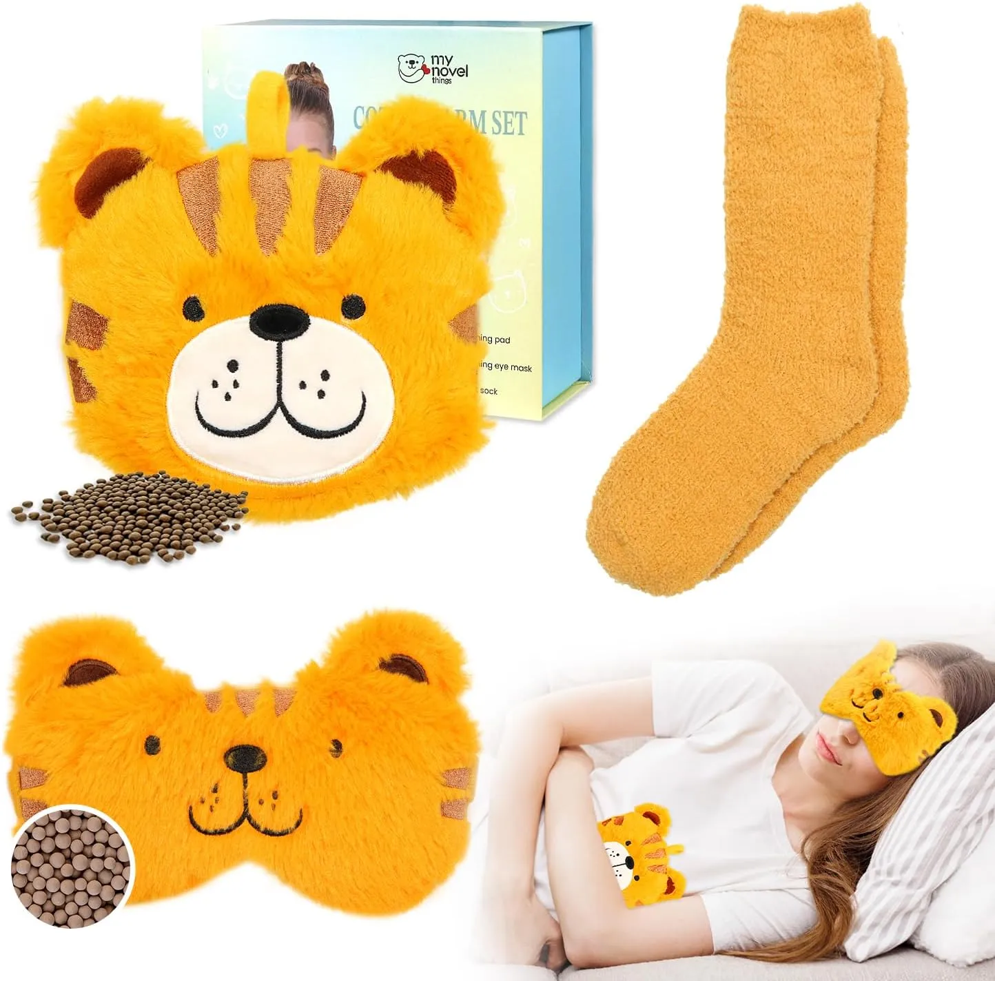 Microwave Heating Pad with Heated Eye Mask Compress Moist for Relieve Fatigue Period Cramps Unscented Microwavable Heating Pad Cute Tiger for Women Birthday Christmas Gifts