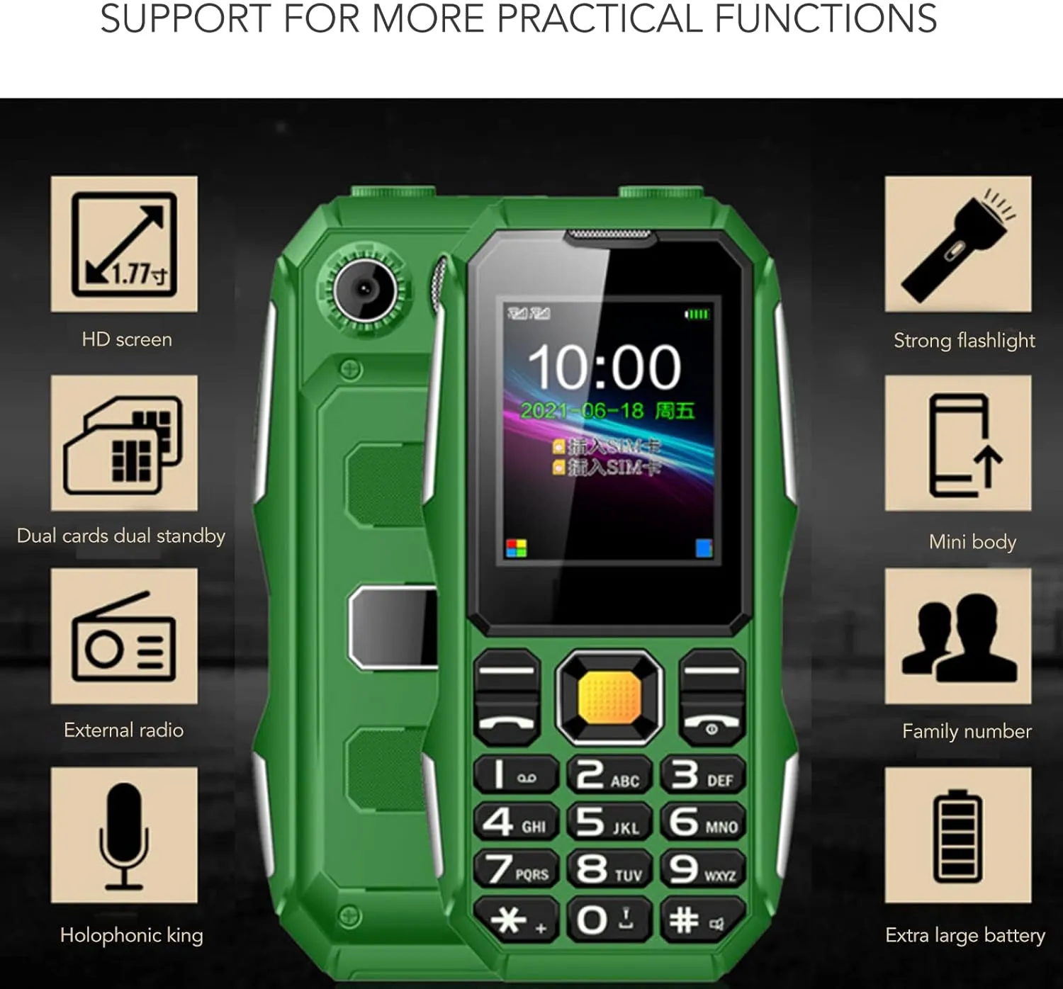 Mini Rugged Cell Phone for Senior, 1.8 Inch Drop Proof and Dust Proof Outdoor Mobile Phone, 5800mAh Battery 32MB Unlocked GSM Cell Phone (OD Green)