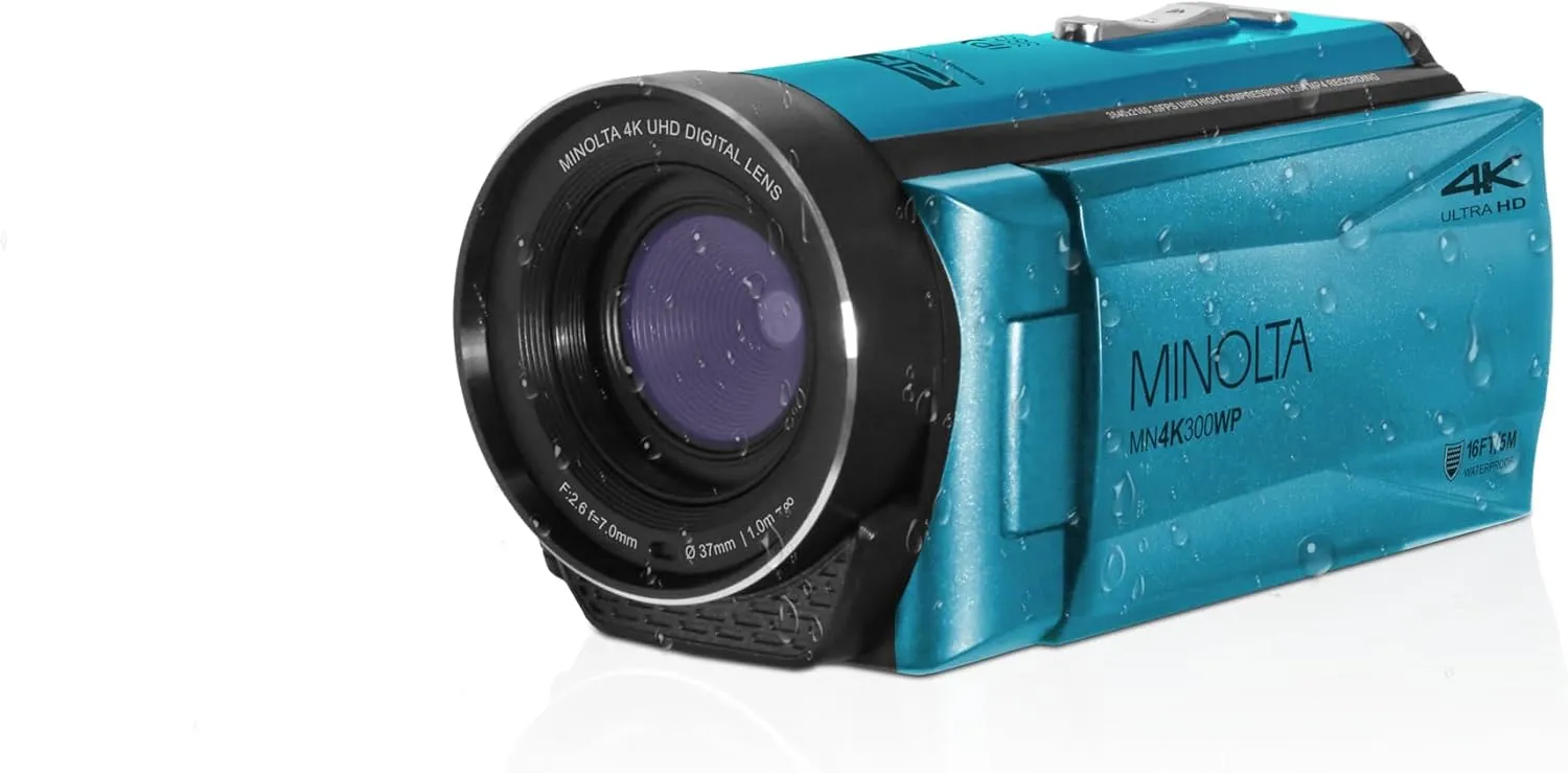 Minolta Waterproof Camcorder – 4K Ultra HD Video, 56MP Photos, 18X Zoom, 3-inch LCD Screen, Time Lapse, Loop Recording, Photo Burst, Anti-Shake, Webcam Mode, HDMI/USB (Blue)