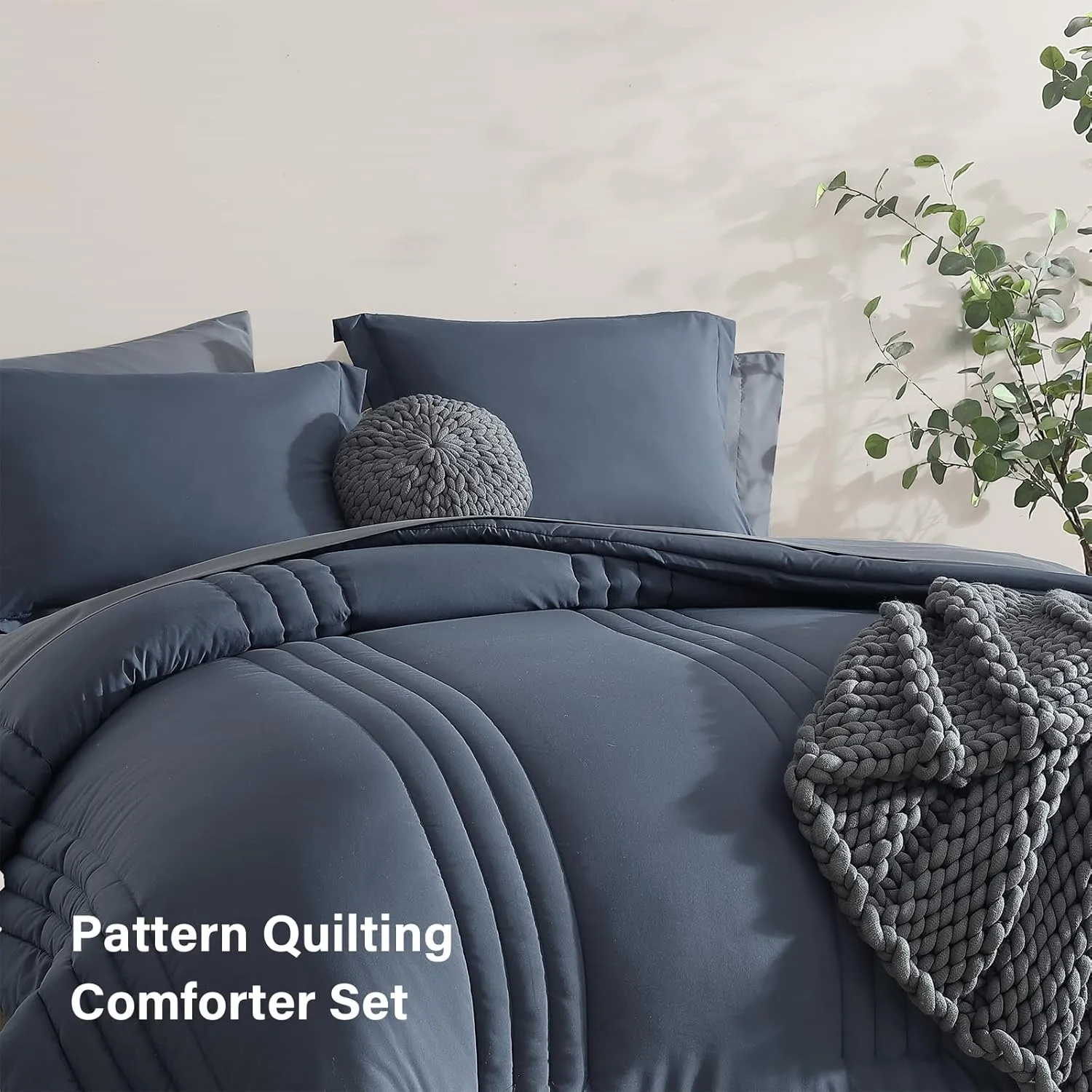 Monbix Full Comforter Set - 7 Pieces Blue Grey Bed in a Bag Full Size Bedding Sets with Comforters, All Seasons Down Alternative Comforter with Sheets,Pillowcases & Shams