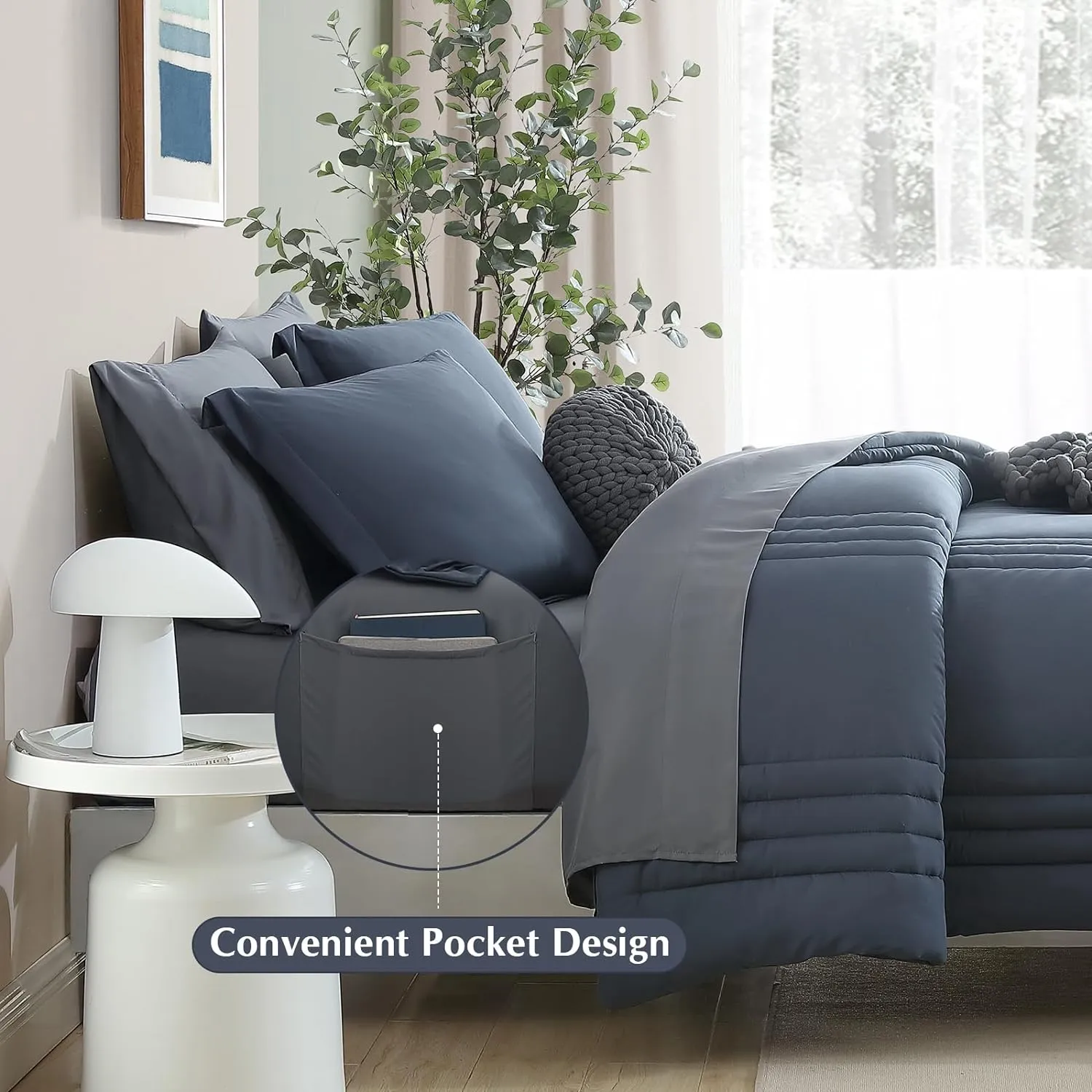 Monbix Full Comforter Set - 7 Pieces Blue Grey Bed in a Bag Full Size Bedding Sets with Comforters, All Seasons Down Alternative Comforter with Sheets,Pillowcases & Shams