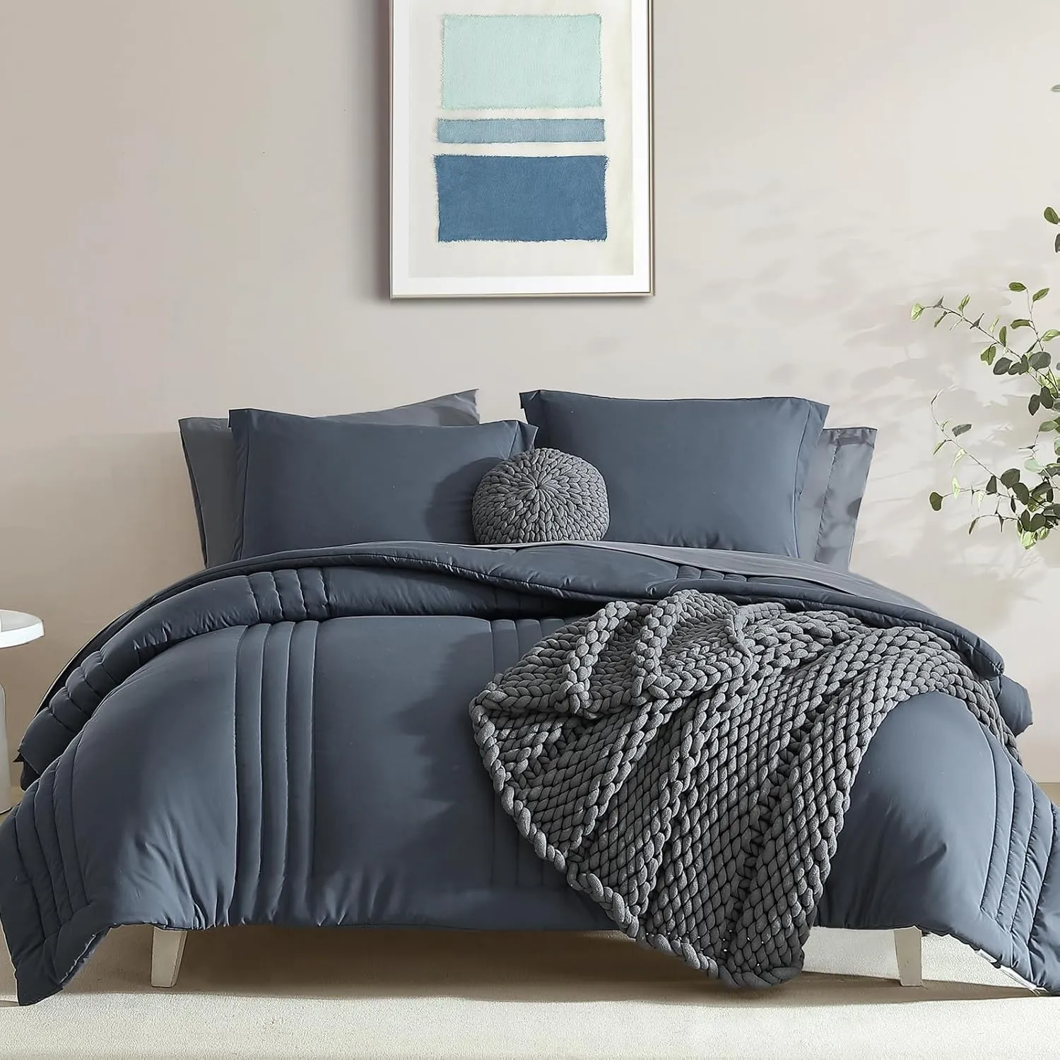 Monbix Full Comforter Set - 7 Pieces Blue Grey Bed in a Bag Full Size Bedding Sets with Comforters, All Seasons Down Alternative Comforter with Sheets,Pillowcases & Shams