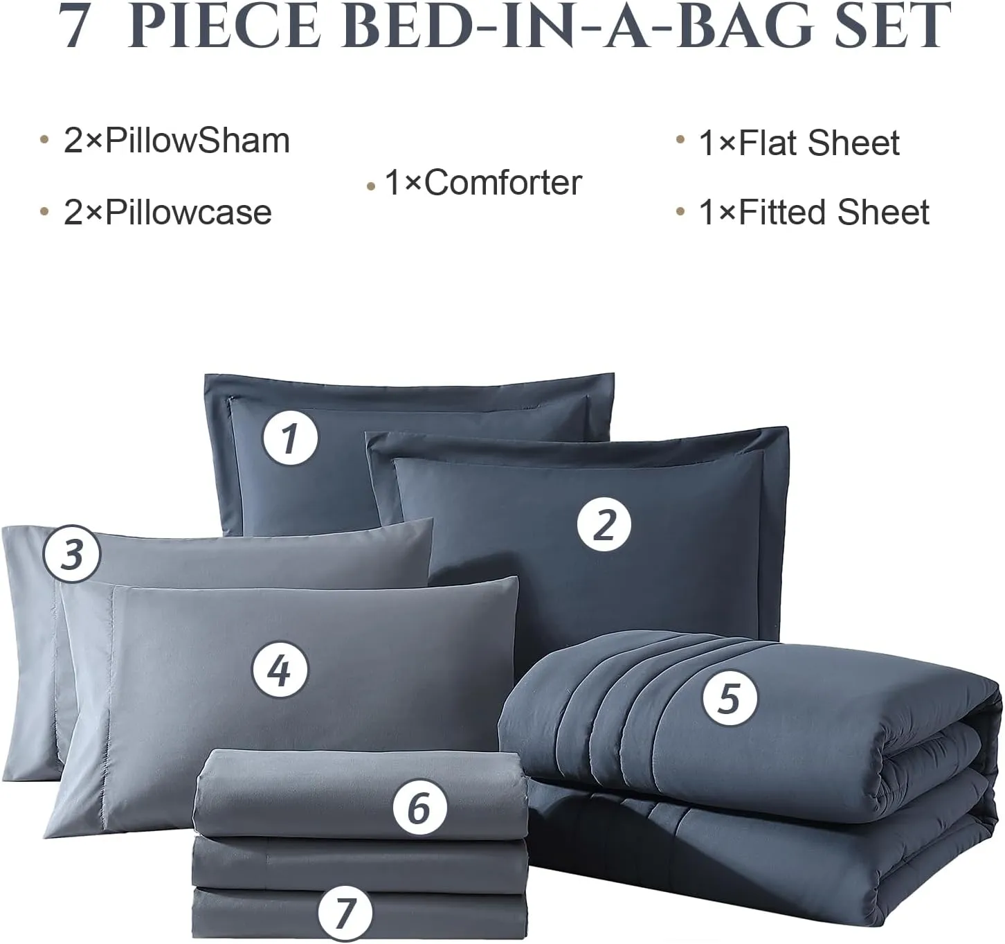 Monbix Full Comforter Set - 7 Pieces Blue Grey Bed in a Bag Full Size Bedding Sets with Comforters, All Seasons Down Alternative Comforter with Sheets,Pillowcases & Shams