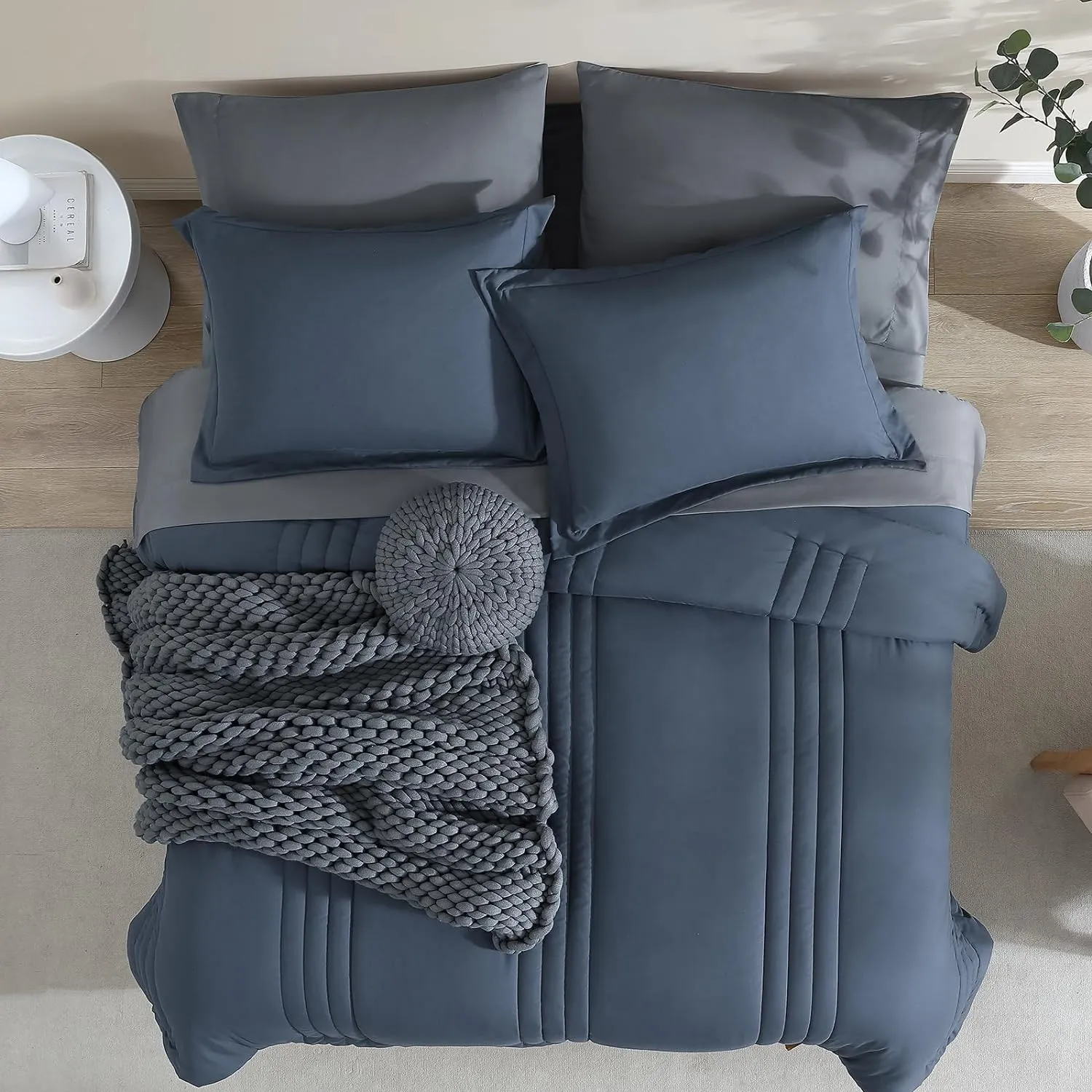 Monbix Full Comforter Set - 7 Pieces Blue Grey Bed in a Bag Full Size Bedding Sets with Comforters, All Seasons Down Alternative Comforter with Sheets,Pillowcases & Shams