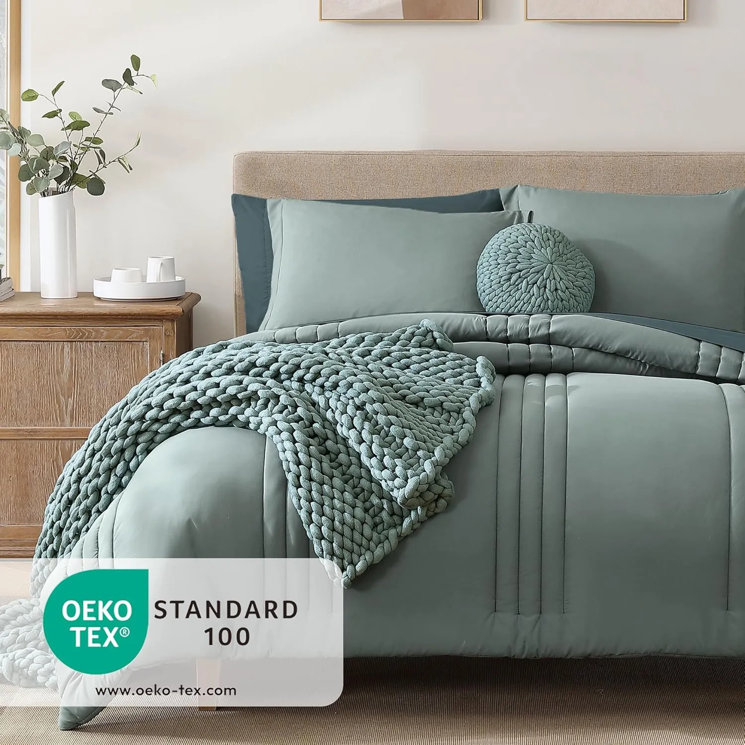 Monbix King Size Comforter Set - 7 Pieces Bed in a Bag King, Sage Green Bedding Sets with Comforter, All Seasons Down Alternative Comforter Bed Set with Sheets, Pillowcases & Shams