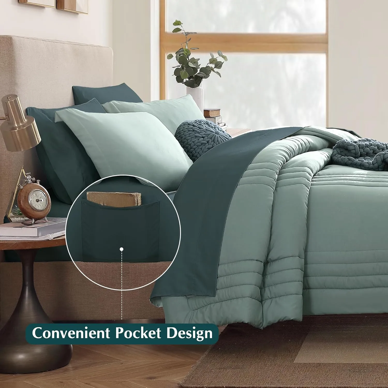 Monbix King Size Comforter Set - 7 Pieces Bed in a Bag King, Sage Green Bedding Sets with Comforter, All Seasons Down Alternative Comforter Bed Set with Sheets, Pillowcases & Shams