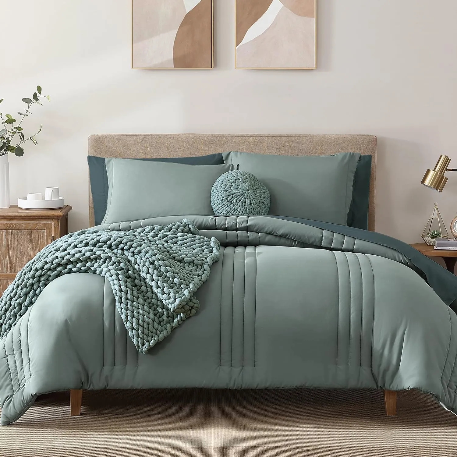 Monbix King Size Comforter Set - 7 Pieces Bed in a Bag King, Sage Green Bedding Sets with Comforter, All Seasons Down Alternative Comforter Bed Set with Sheets, Pillowcases & Shams