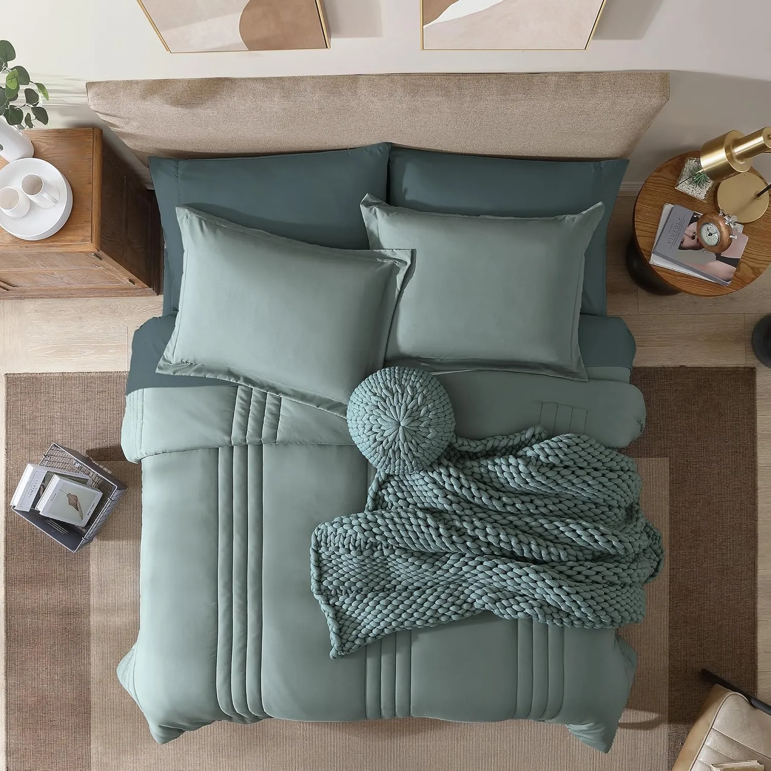 Monbix King Size Comforter Set - 7 Pieces Bed in a Bag King, Sage Green Bedding Sets with Comforter, All Seasons Down Alternative Comforter Bed Set with Sheets, Pillowcases & Shams