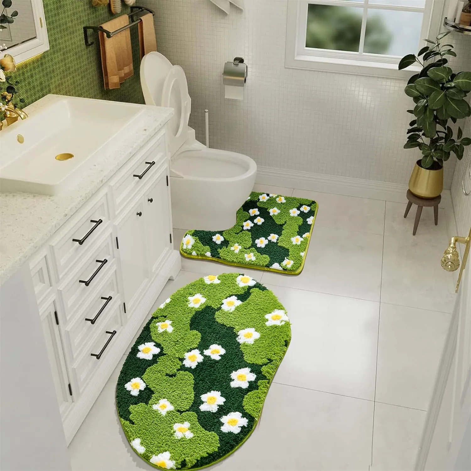 Moss Floral Bathroom Rugs Set 2 Piece, Non Slip Microfiber Green Grass Flowers Bath Mat 20x32   Contour Toilet Rug 20x24 Machine Washable Great Absorbent, Cute Boho Aesthetic Bath Mat Set for Bathroom