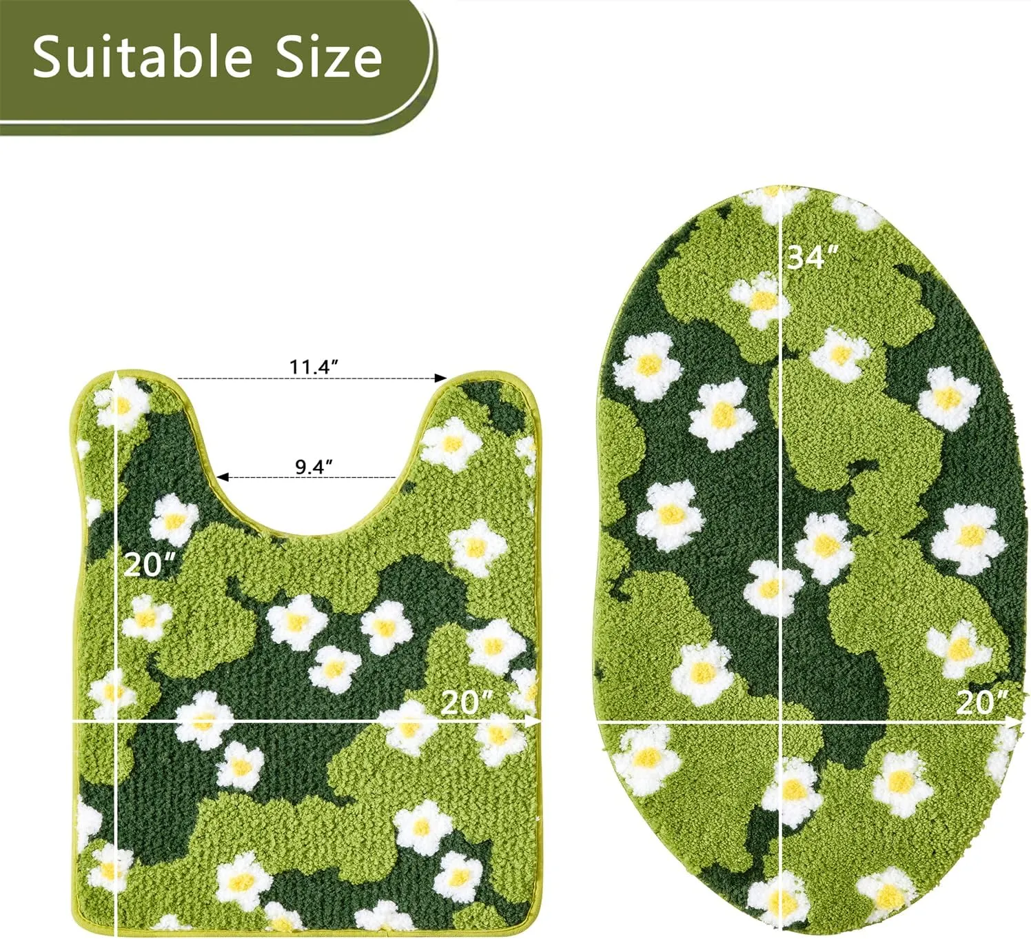 Moss Floral Bathroom Rugs Set 2 Piece, Non Slip Microfiber Green Grass Flowers Bath Mat 20x32   Contour Toilet Rug 20x24 Machine Washable Great Absorbent, Cute Boho Aesthetic Bath Mat Set for Bathroom