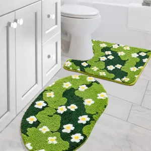 Moss Floral Bathroom Rugs Set 2 Piece, Non Slip Microfiber Green Grass Flowers Bath Mat 20x32   Contour Toilet Rug 20x24 Machine Washable Great Absorbent, Cute Boho Aesthetic Bath Mat Set for Bathroom