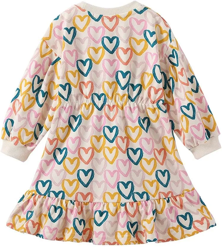 Mud Kingdom Little Girls Love Heart Smocked Sweatshirt Dress Long Sleeve Colorful