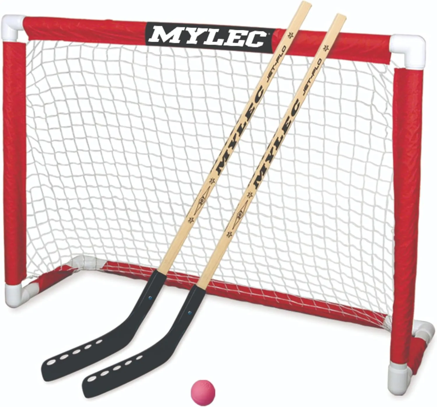 MyLec Deluxe Hockey Set, with 1 Hockey Goal, 2 43" Hockey Sticks & 1 Soft Ball, Sleeve Netting System, PVC Tubing Net, Lighweight & Durable, Enhanced Grip, Pre-Curved Mini Hockey Stick (Red/White)