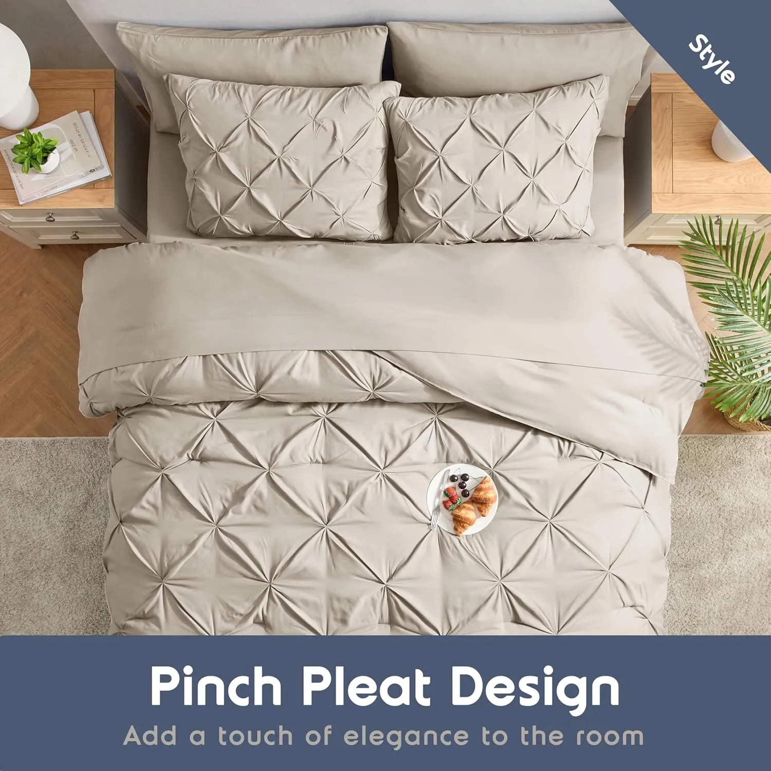 Nestl King Size Comforter Set 7 Pieces - Pinch Pleated Comforter Set in Beige, Bed in a Bag, All Season Bedding Set with Flat Sheet, Fitted Sheet, Pillowcases and Shams