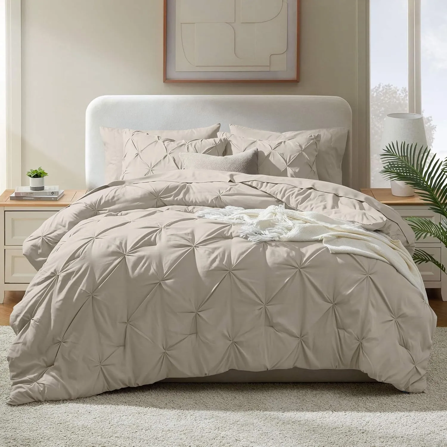 Nestl King Size Comforter Set 7 Pieces - Pinch Pleated Comforter Set in Beige, Bed in a Bag, All Season Bedding Set with Flat Sheet, Fitted Sheet, Pillowcases and Shams