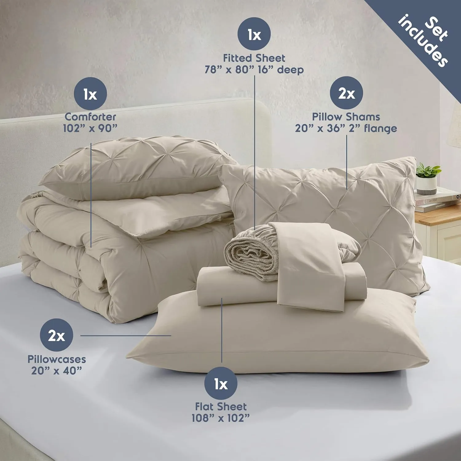 Nestl King Size Comforter Set 7 Pieces - Pinch Pleated Comforter Set in Beige, Bed in a Bag, All Season Bedding Set with Flat Sheet, Fitted Sheet, Pillowcases and Shams