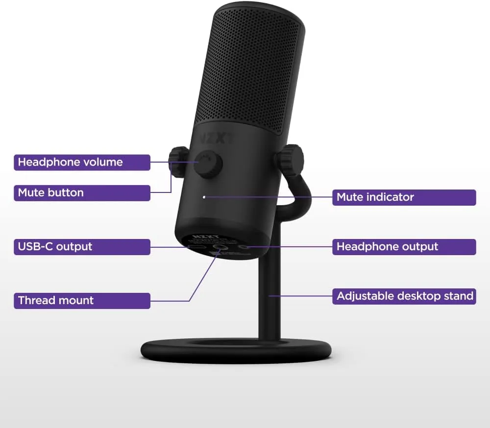 NZXT Capsule Mini - AP-WMMIC-B1 - USB Microphone – High Resolution – Cardioid Polar Pattern – Ideal for Streaming, Content Creation & Podcasting – Built-in Pop Filter – Adjustable Stand – Black
