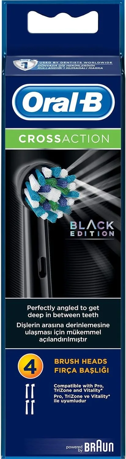 Oral-B Genuine CrossAction Replacement Black Toothbrush Heads, Refills for Electric Toothbrush, Angled Bristles for up to 100 Percent More Plaque Removal, Pack of 4