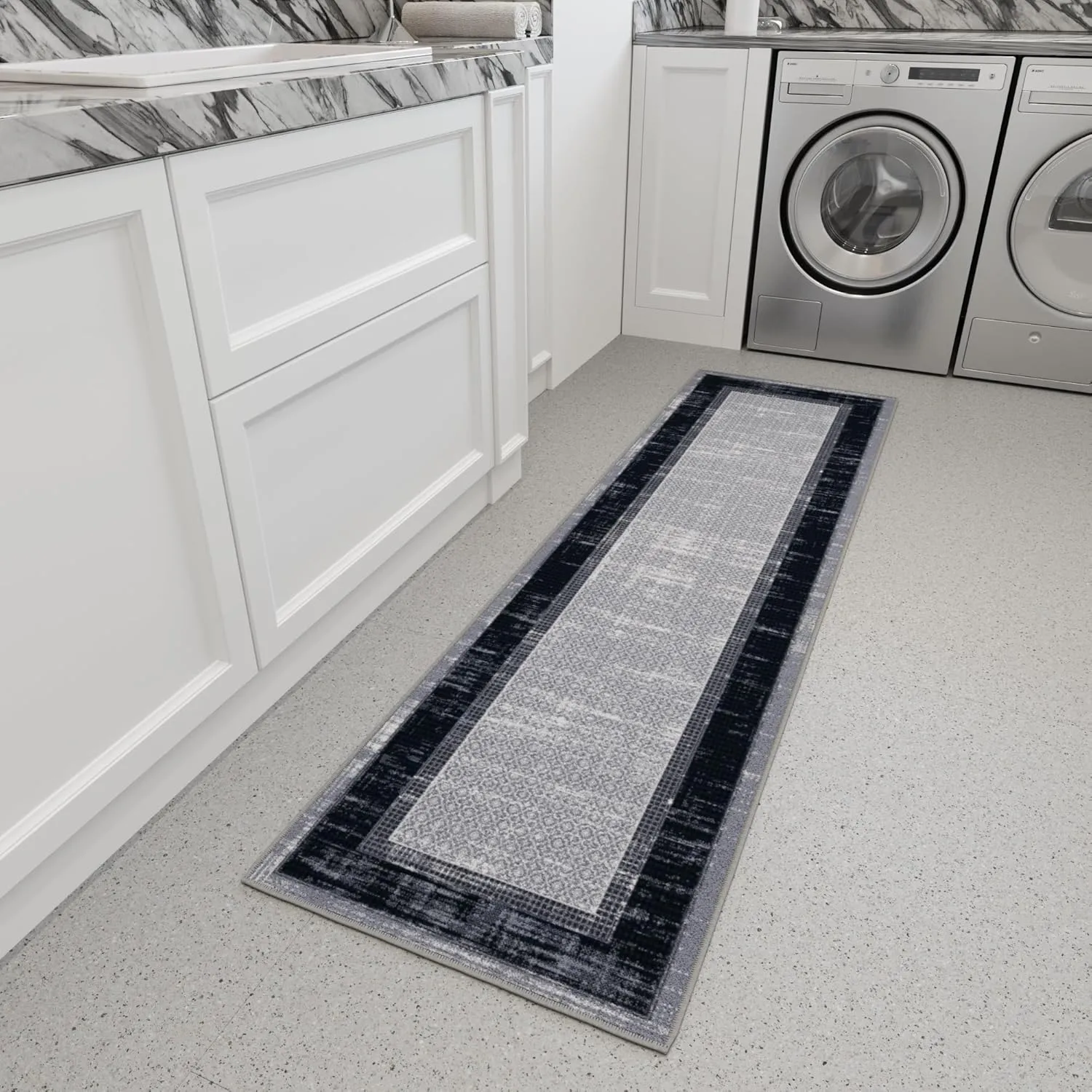 Ottomanson Machine Washable Bordered Design Non-Slip Rubberback 2x7 Traditional Runner Rug for Hallway, Kitchen, Bedroom, Living Room, 1'10" x 7', Gray/Black