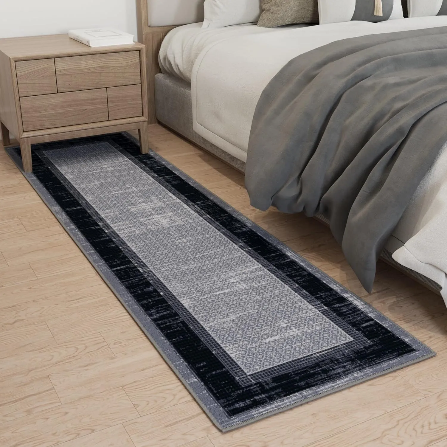 Ottomanson Machine Washable Bordered Design Non-Slip Rubberback 2x7 Traditional Runner Rug for Hallway, Kitchen, Bedroom, Living Room, 1'10" x 7', Gray/Black