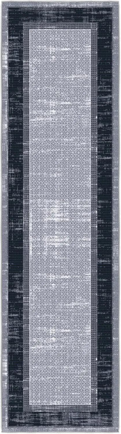 Ottomanson Machine Washable Bordered Design Non-Slip Rubberback 2x7 Traditional Runner Rug for Hallway, Kitchen, Bedroom, Living Room, 1'10" x 7', Gray/Black