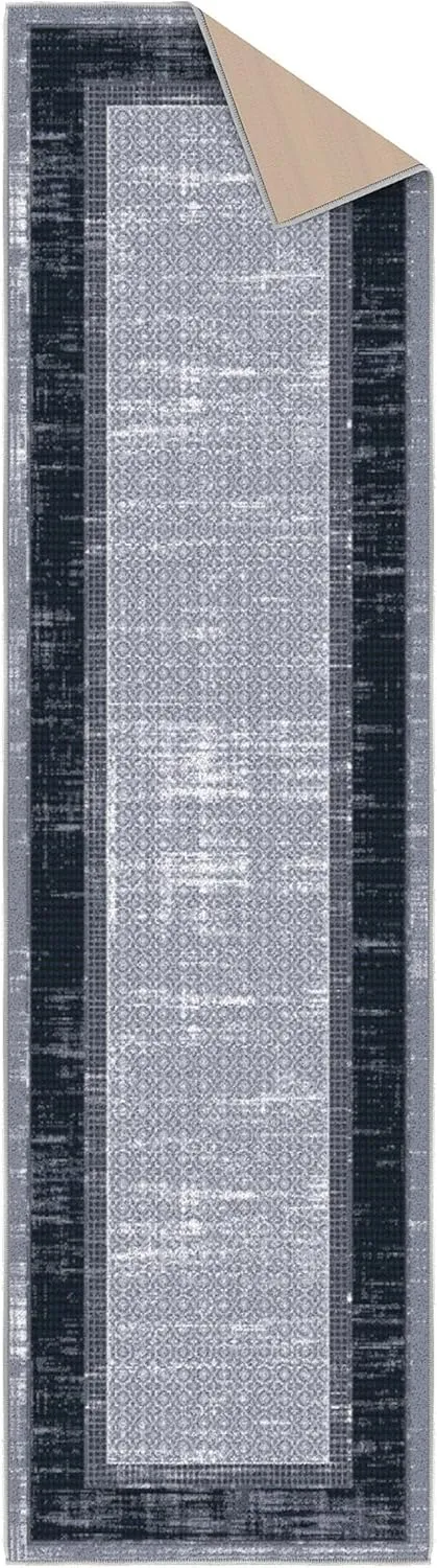 Ottomanson Machine Washable Bordered Design Non-Slip Rubberback 2x7 Traditional Runner Rug for Hallway, Kitchen, Bedroom, Living Room, 1'10" x 7', Gray/Black